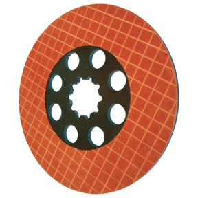 The Sparex Brake Friction Disc, product code S.57793, features a circular perforated abrasive surface with a diameter of 255mm. It has an evenly spaced hole grid pattern around a central star-shaped opening and includes 10 splines. The disc is crafted from high-quality lining material paper and boasts a black center design.
