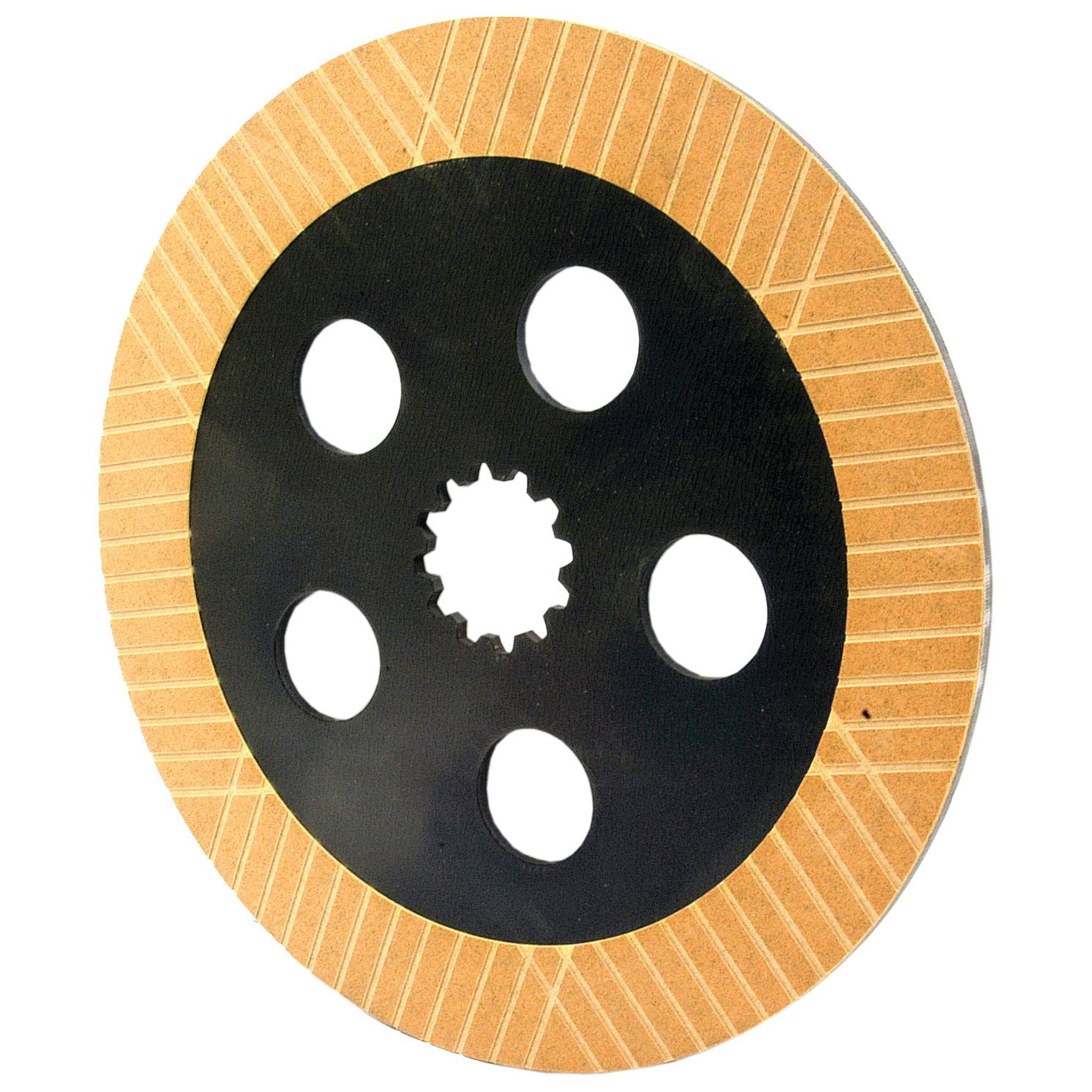 The Sparex Brake Friction Disc, S.60553, is a circular and flat component in black featuring six large holes and one central cogged hole. It is bordered by a tan, grooved edge pattern for added durability. The disc includes splines 12 for enhanced grip and measures 305mm in outer diameter with a lining width of 40mm.