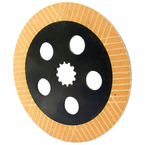 The Sparex Brake Friction Disc, S.60553, is a circular and flat component in black featuring six large holes and one central cogged hole. It is bordered by a tan, grooved edge pattern for added durability. The disc includes splines 12 for enhanced grip and measures 305mm in outer diameter with a lining width of 40mm.