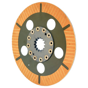 The Brake Friction Disc by Sparex, with OD 313mm - S.58883 features a green center and brown edges, five large circular cutouts, as well as several small holes around the central hub. This disc is designed with precise thickness to ensure optimal performance.