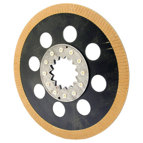 A circular clutch plate with a textured surface and multiple round cutouts around a central hub, featuring Sparex's durable lining material: paper, can be described as the Brake Friction Disc. OD 340mm - S.43459 by Sparex.