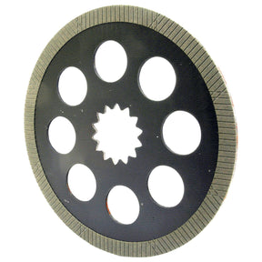 A circular black Brake Friction Disc by Sparex, OD 355mm - S.43458, with eight round holes and a jagged central hole bordered by gray textured material, featuring Splines 14.