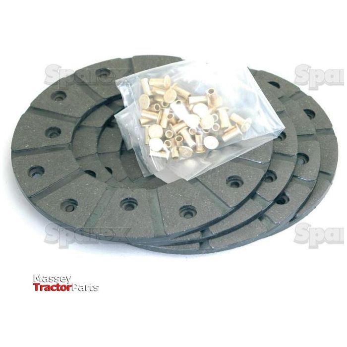 A set of circular tractor brake linings with pre-drilled holes, along with a package of small metal components placed on top, labeled "Brake Lining Kit Disc, OD 165mm" and "Sparex Part No.S.58621".