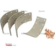 Set of four curved, perforated metal strips and a pile of copper rivets on a white background, labeled "Brake Lining Kit Shoe, Length | Sparex Part No.S.57965" and "Sparex," compatible with Case IH / International Harvester models.