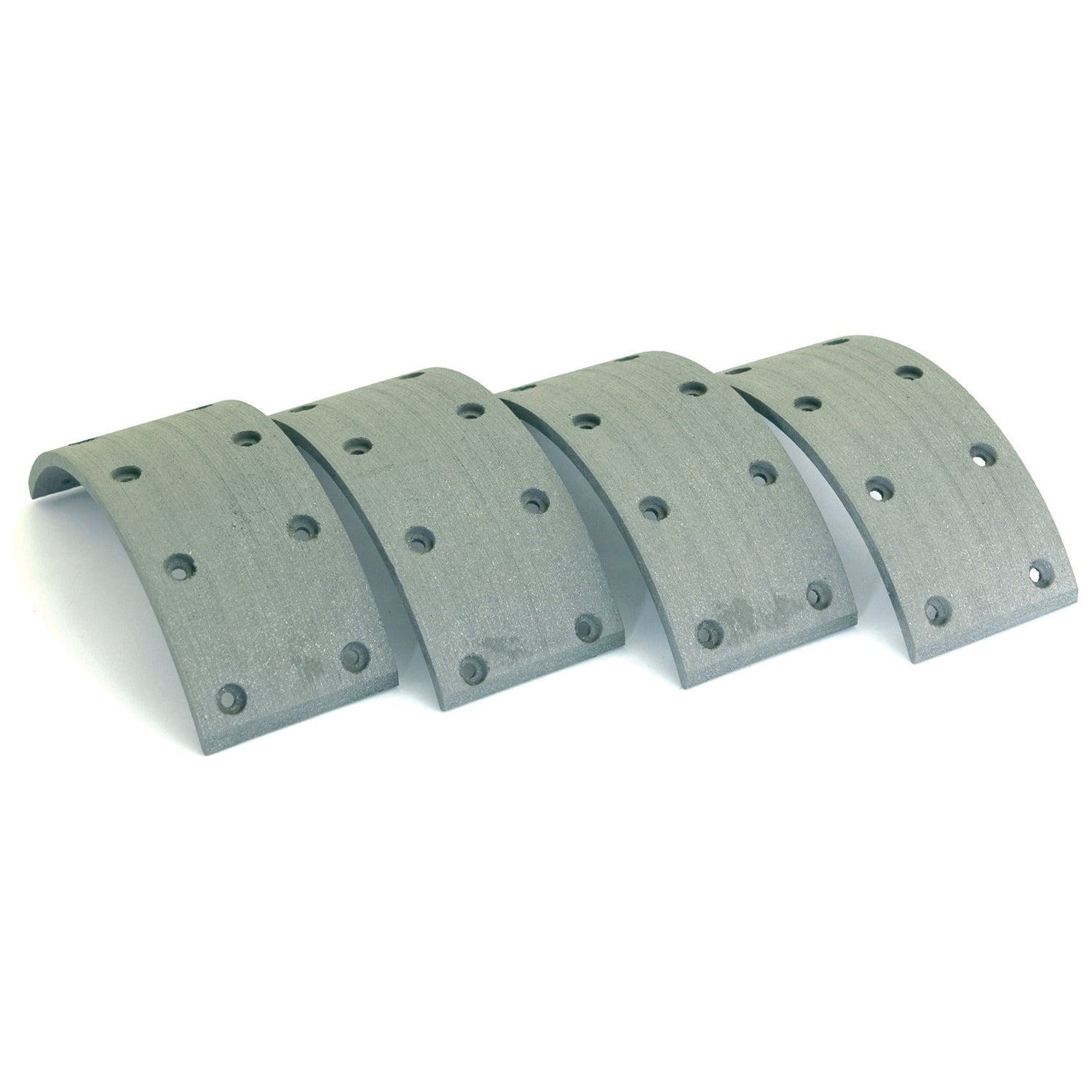 Four Sparex Brake Lining Kit Shoes (part no. S.58601) compatible with Deutz-Fahr, each 187mm in length, featuring a grey metallic finish and multiple evenly spaced rivet holes along the surface.