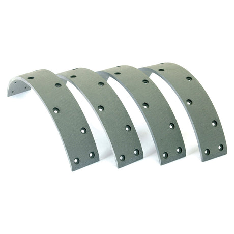 Four grey, curved metal brake linings with evenly spaced rivets from the Brake Lining Kit Shoe (Sparex Part No. S.39840, Length: 274mm) by Sparex are arranged in a row.