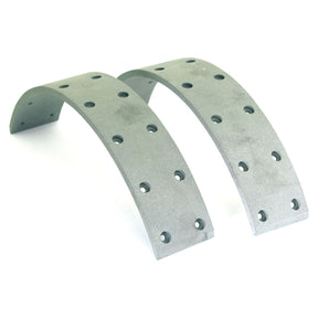 The Brake Lining Kit Shoe from Sparex, which is 330mm long and has a thickness of 6mm, features two curved metallic brake linings with multiple evenly spaced holes. It is suitable for Deutz-Fahr and serves as an alternative to part number 58609. The relevant Sparex Part No. is S.58603.