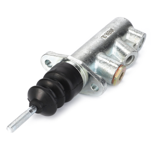 The AGCO Massey Ferguson - Brake Master Cylinder (3614780M91), designed for the Massey Ferguson 300 Series, includes a black rubber boot and a threaded adjustment rod, and is compatible with mineral oil.