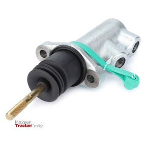 A Massey Ferguson Brake Master Cylinder (Product Number: 3595504M2) made by AGCO, featuring a metallic body and a black rubber boot. The image includes the "Master TractorParts" logo and shows a green locking pin for secure installation.