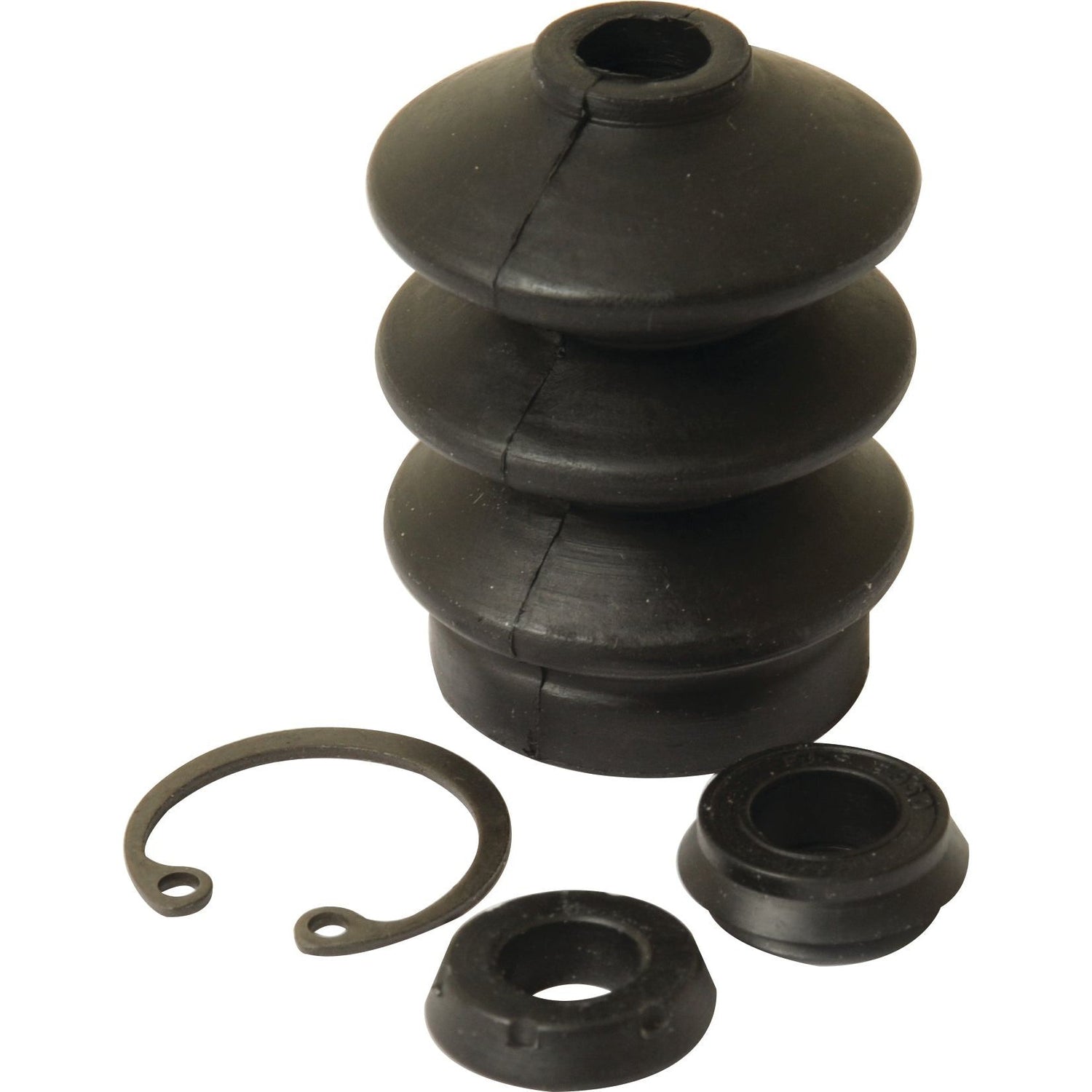 The Sparex Brake Master Cylinder Repair Kit (Sparex Part No. S.110805) is compatible with Valmet and Valtra models, and includes a cylindrical, accordion-style rubber boot along with three smaller parts: a ring, washer, and bushing.