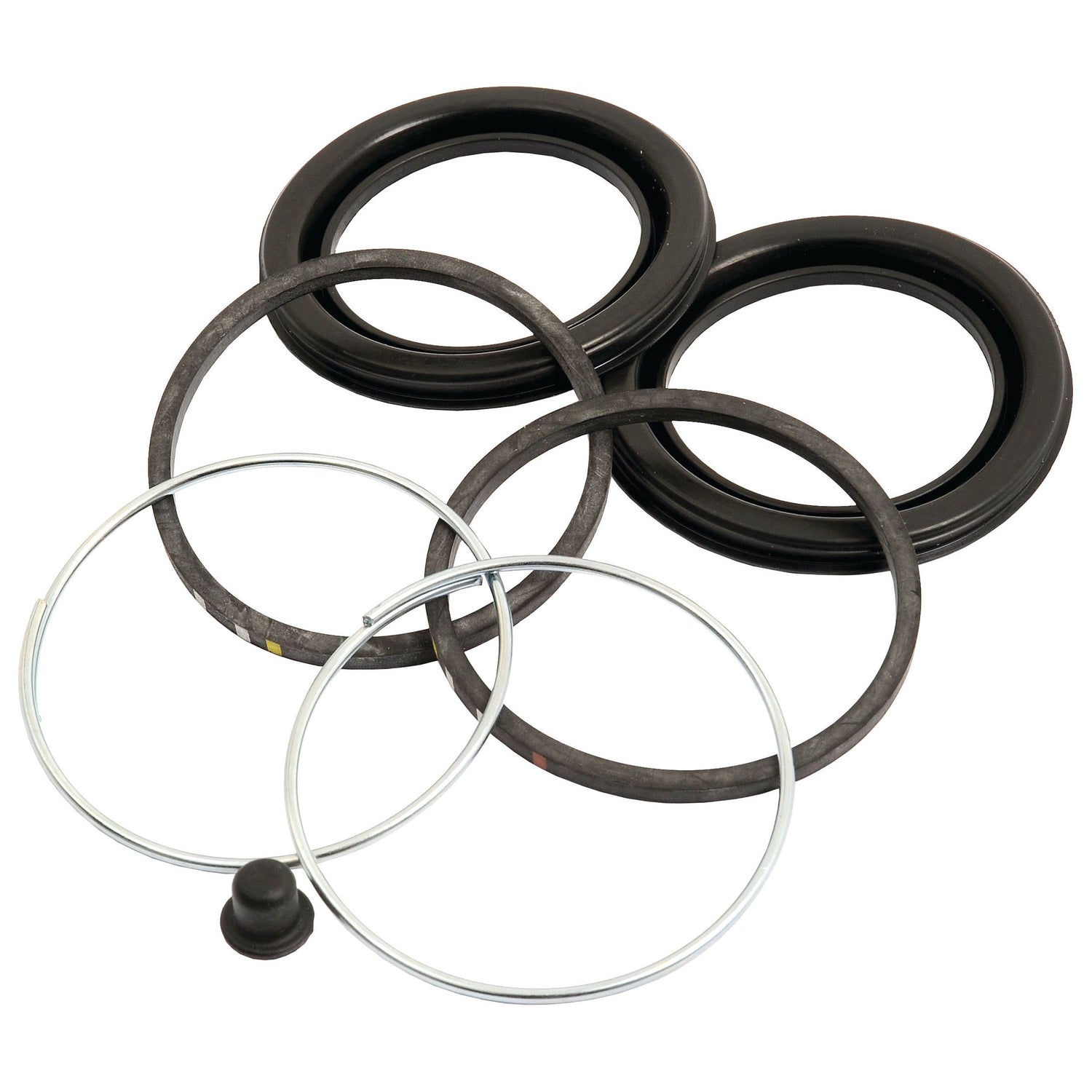 A comprehensive Brake Cylinder Repair Kit (Sparex Part No. S.37693) featuring four rubber gaskets, two metal rings, and a small rubber plug, all arranged on a white background. Perfect for Fendt FAVORIT and fully compatible with Sparex products.