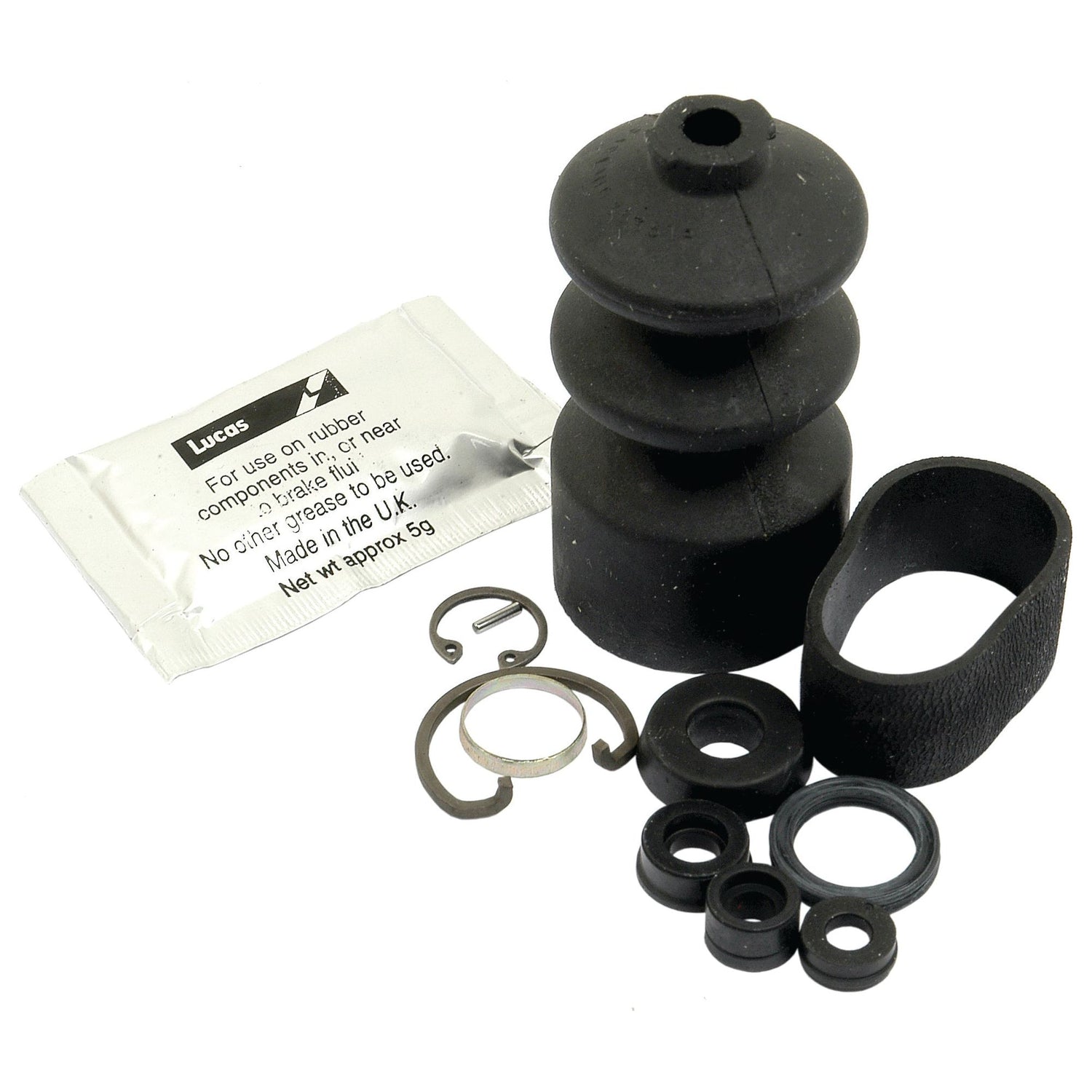 Included in the Sparex Brake Master Cylinder Repair Kit (Sparex Part No. S.41809) are assorted automotive rubber components such as a boot, O-rings, and seals, along with a small packet of grease for JCB 2D Brake Master Cylinders.