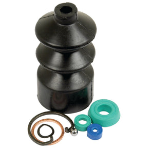 The Brake Master Cylinder Repair Kit (Sparex Part No. S.57738) by Sparex includes a black rubber boot, several small components like a metal ring, a ball bearing, and various seals in different colors.