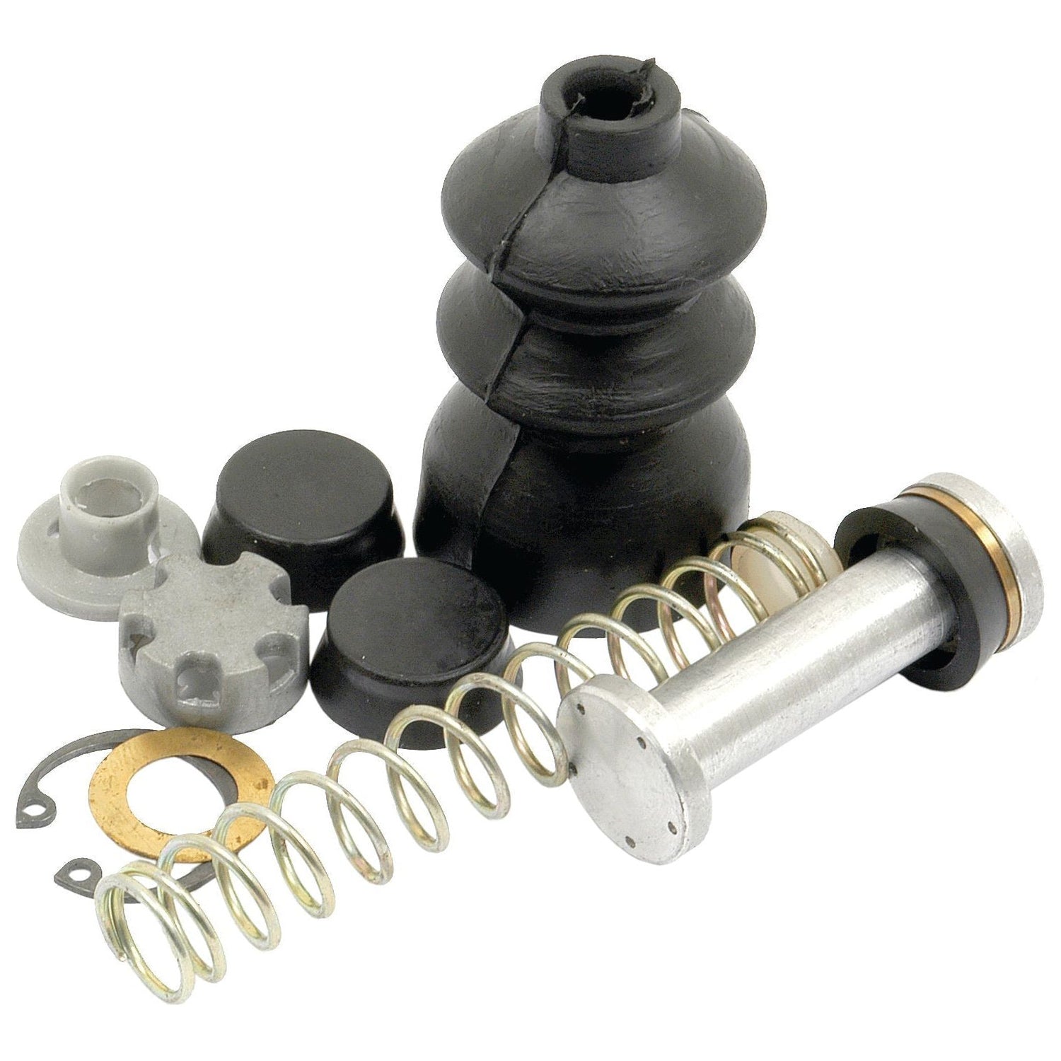 Featuring various automotive components, the Sparex Brake Master Cylinder Repair Kit (Sparex Part No. S.64828) includes springs, a metal cylindrical part, black rubber caps, and small metal and plastic pieces, all arranged on a white background.