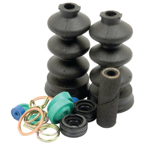 The Brake Master Cylinder Repair Kit (Sparex Part No. S.66787) from Sparex includes assorted mechanical parts such as two black rubber bellows, a black cylindrical foam piece, and various colored O-rings and washers, all arranged on a white background. It is suitable for Case IH Ford New Holland models.