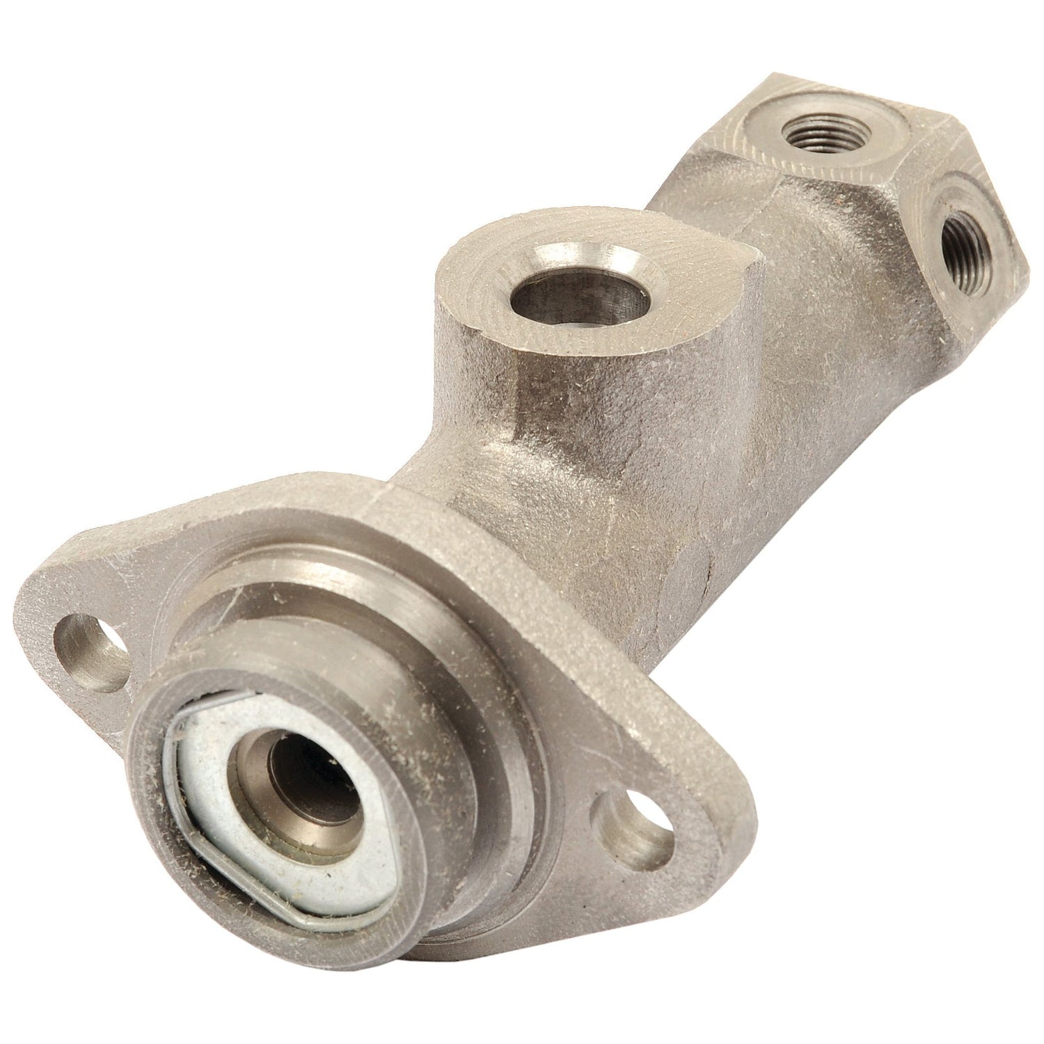 Image of the Sparex Brake Master Cylinder (Part No. S.38249), featuring three threaded ports, a mounting flange with two bolt holes, and a cylindrical body; ideal for integration into Deutz-Fahr machinery or as a Sparex replacement part.