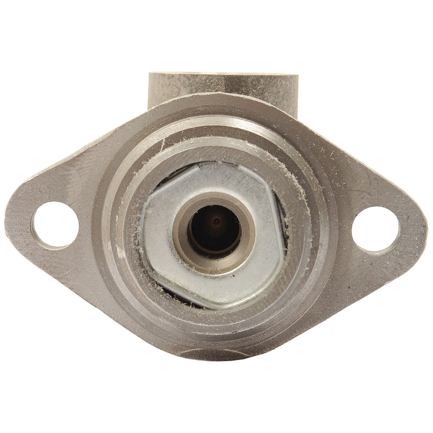 Close-up view of the Brake Master Cylinder, Sparex Part No. S.38249, a metal mechanical part with two holes on either side, likely used for industrial or automotive applications.