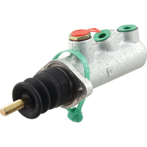 Close-up of a metal automotive part, likely the Brake Master Cylinder (Sparex Part No. S.43490) from Sparex, featuring a threaded rod, rubber boot, and attached green and red protective caps. The part is clean and appears unused.