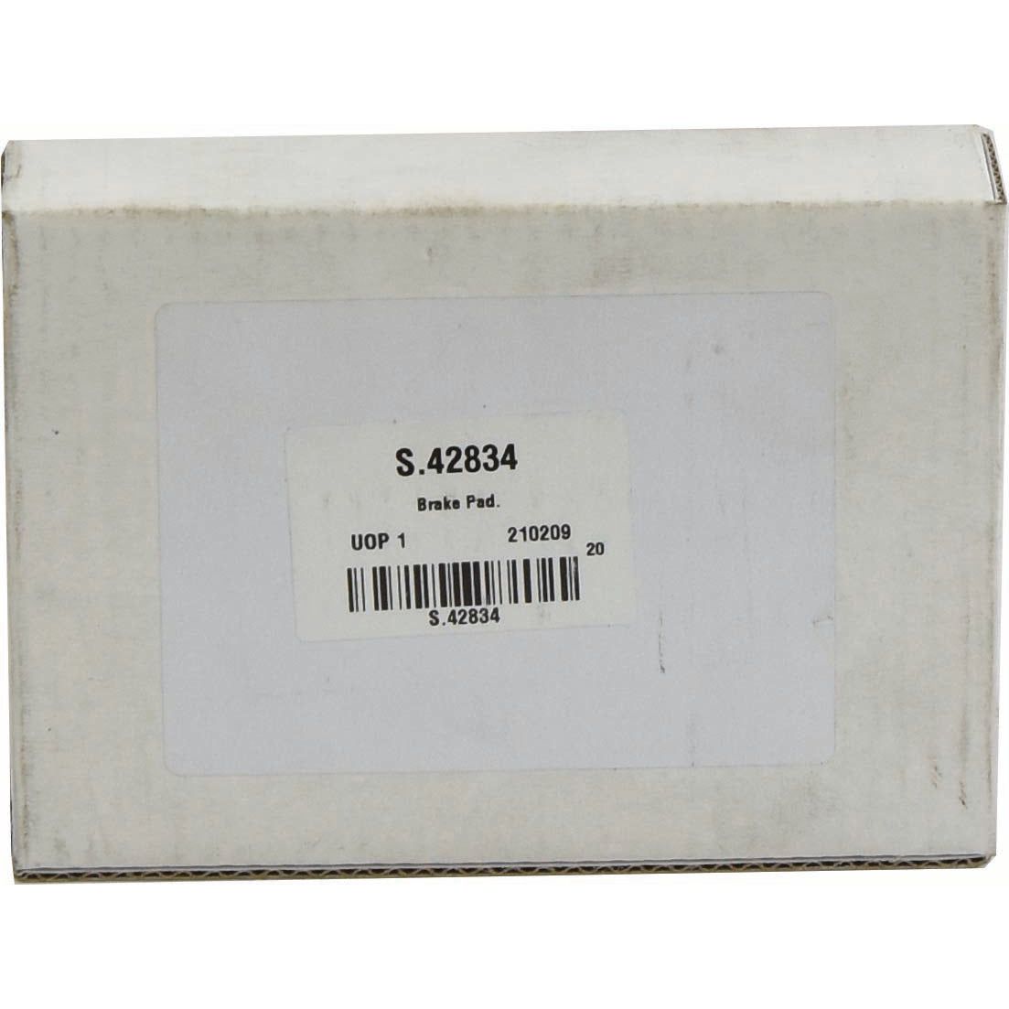 A white cardboard box labeled "S.42834 Brake Pad Set UOP 1 210209 20," with a barcode below, ideal for Sparex parts compatible with Massey Ferguson machinery.