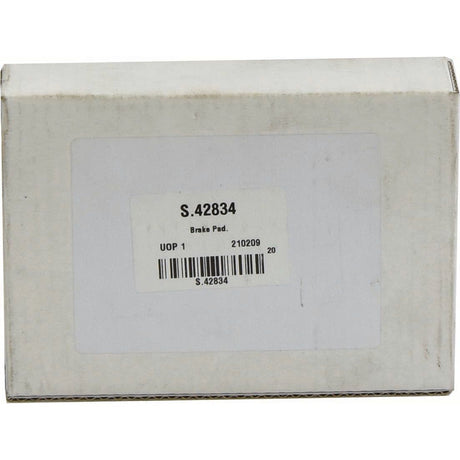 A white cardboard box labeled "Brake Pad Set, Sparex Part No.S.42834" with a barcode and additional product details on a white sticker, compatible with Massey Ferguson and Landini machinery from Sparex.