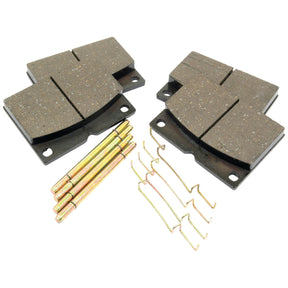 Two sets of Sparex Brake Pad Sets (Part No. S.70801) with slots, four metal rods, and eight metal clips arranged on a white background. Perfect for your JCB FASTRAC or other heavy-duty vehicles, these components meet all Sparex product specifications.