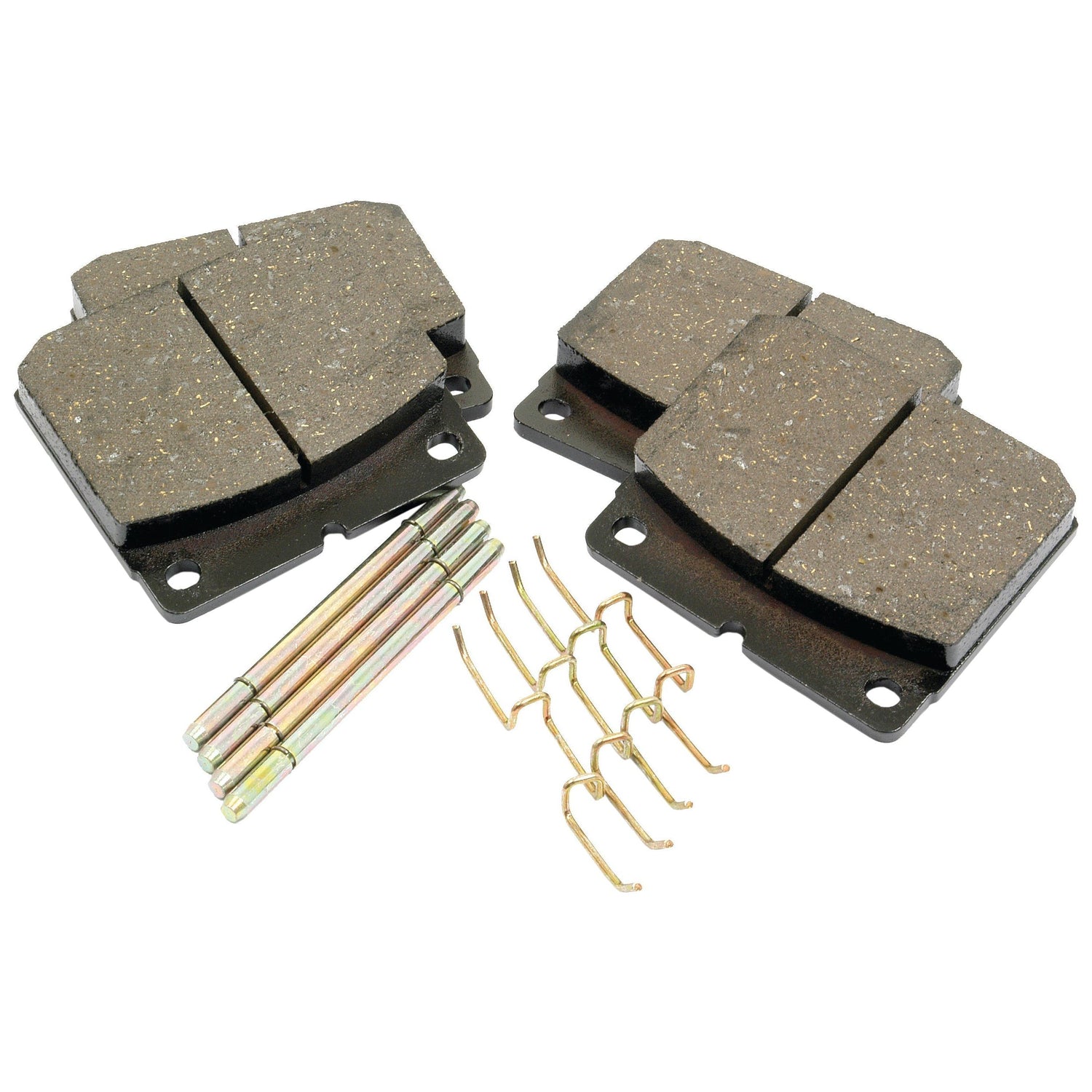 A Brake Pad Set Rear for your JCB FASTRAC, Sparex Part No. S.70802, includes four brake pads, six metal clips, and four cylindrical pins, all laid out on a white background. Sparex quality guaranteed.