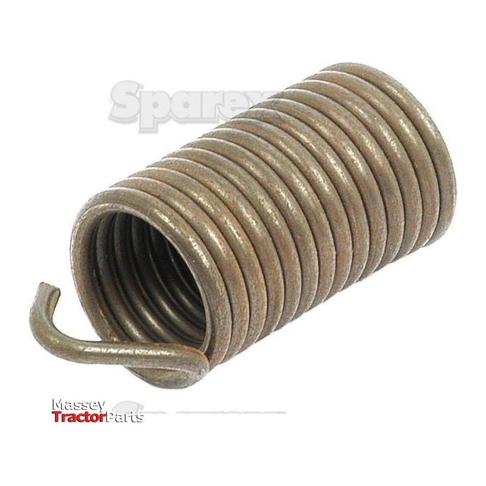 Close-up of a cylindrical metal spring used in tractor parts, with one end bent outward. "Massey Tractor Parts" text is partially visible in the lower left corner, suggesting it might be a Brake Pedal Return Spring compatible with Ford New Holland and Sparex tractors. Product Name: Brake Pedal Return Spring | Sparex Part No.S.67142 | Brand Name: Sparex