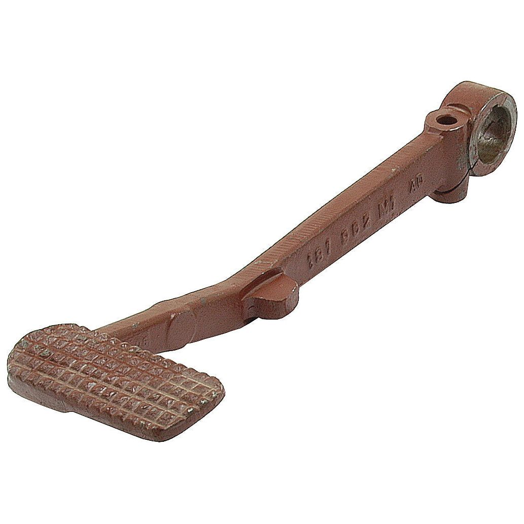 The Brake Pedal (LH) by Sparex, part number S.42595, is a brown metal pedal with a textured footpad and mounting holes, ideal for Massey Ferguson models. Available through Sparex.