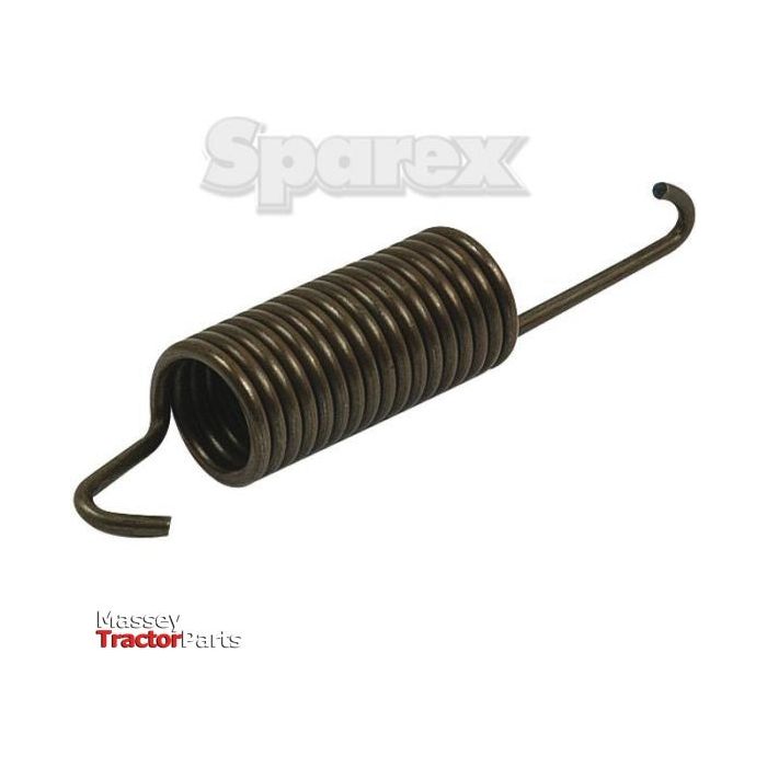 A coiled metal spring with hooks on both ends. The text "Sparex" and "Massey Tractor Parts" are visible in the background, perfect for your Ford New Holland equipment. Specifically, this is the Brake Return Spring 110mm length | Sparex Part No.S.67493 from the well-known brand Sparex.