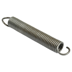 Close-up of a tightly coiled, cylindrical metal Brake Return Spring | Sparex Part No. S.57297 with hooks on both ends, isolated on a white background.