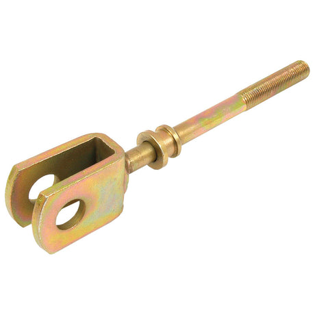 The Sparex Brake Rod (Part No. S.41353) is a metal clevis brake rod with a threaded end and a U-shaped fork featuring two holes on the opposite end, designed for connecting components in Massey Ferguson mechanical systems equipped with wet brakes.