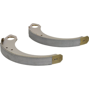 Two curved metallic brake shoes with attached brake lining, ideal for use in drum brakes—perfect as Ford/New Holland tractor replacement parts. Product Name: Brake Shoe (2 pcs.) | Sparex Part No. S.153828 by Sparex.