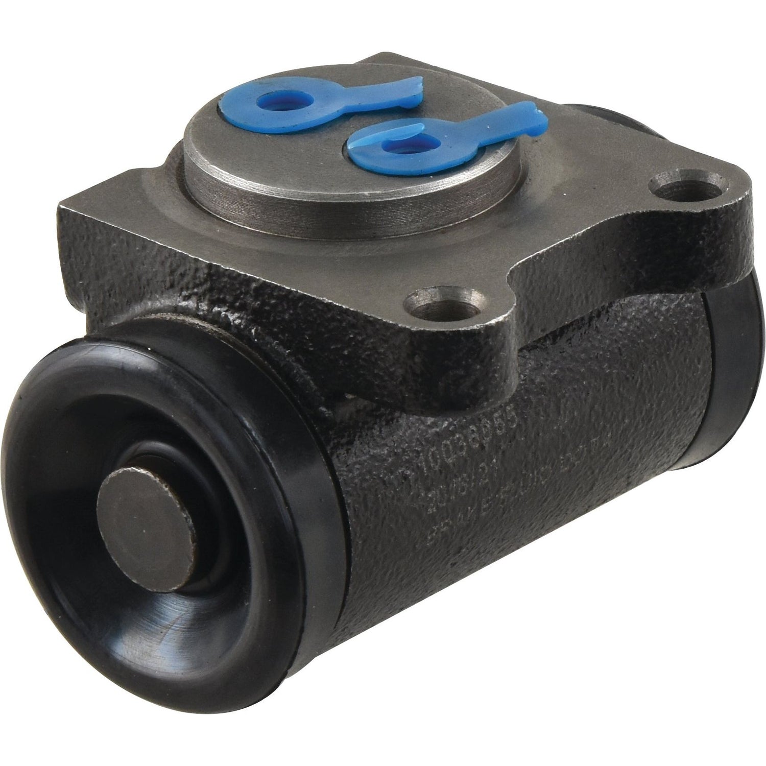 Close-up of the Sparex brake slave cylinder (RH & LH), Sparex Part No. S.37683, featuring a black finish and blue protective caps on the connectors, compatible with Deutz-Fahr systems.