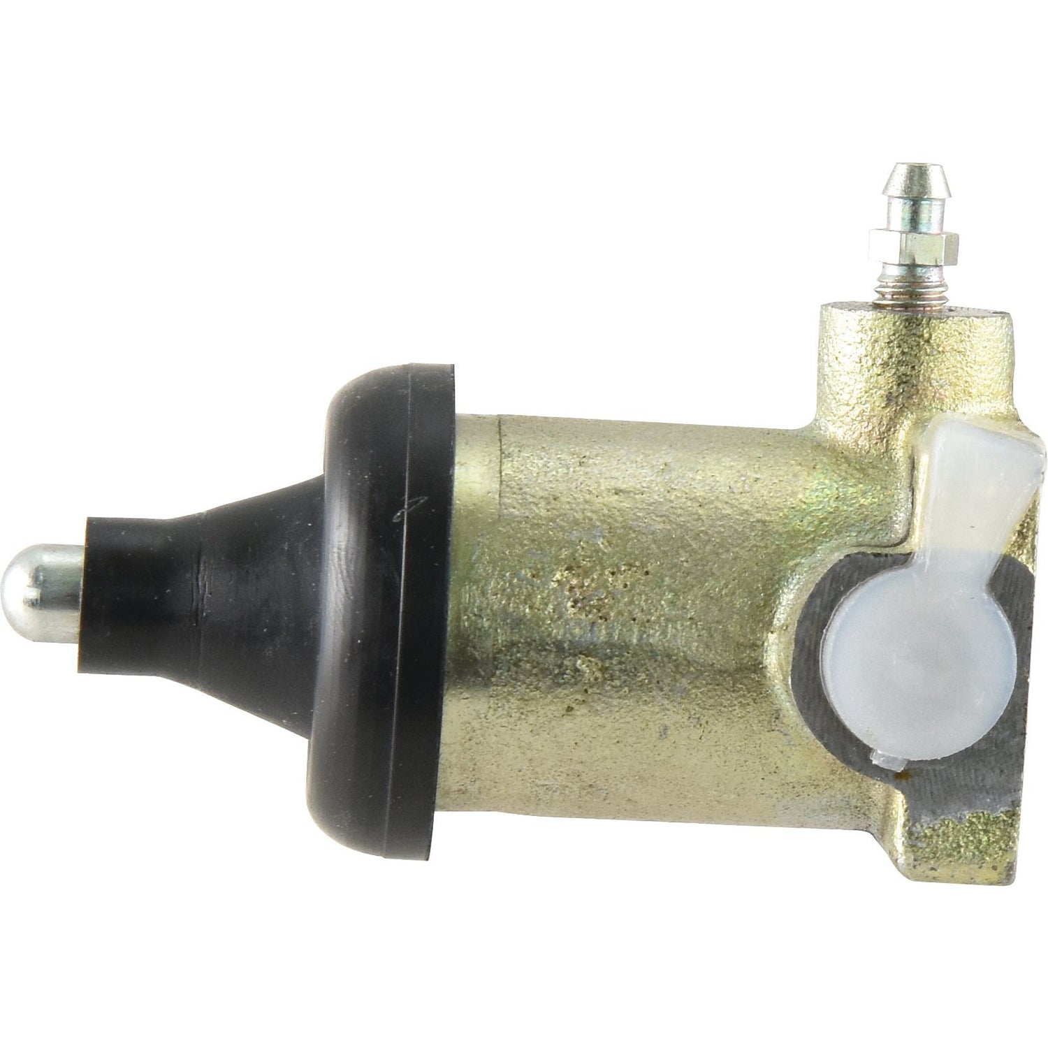 The Sparex Brake Slave Cylinder (RH & LH) (Sparex Part No.S.42268) is a brass-colored mechanical component, resembling a brake slave cylinder, featuring a black rubber end and a white plastic part attached to its side. It is likely designed for use in Landini or Massey Ferguson hydraulic or pneumatic systems.