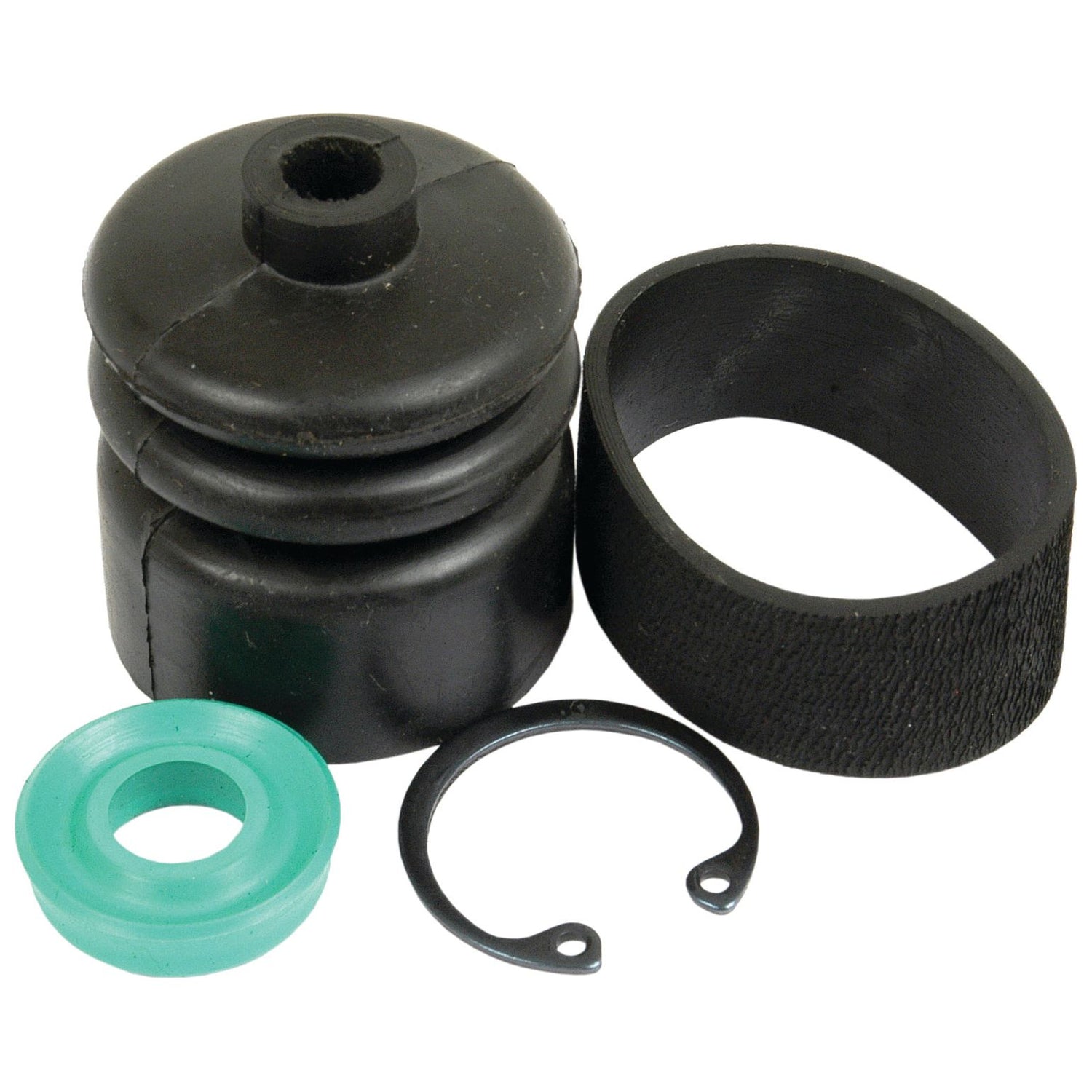 A set of black and green rubber components with a metal retaining clip, likely used for automotive or mechanical purposes, suggests it might be part of the Brake Slave Cylinder Repair Kit by Sparex (Part No. S.57741).