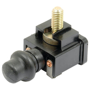 The Sparex Brake Switch (Part No. S.67166) is a black toggle switch with a threaded brass screw on top, a rounded handle, and copper connectors on its sides, making it ideal for Ford/New Holland machinery repairs.
