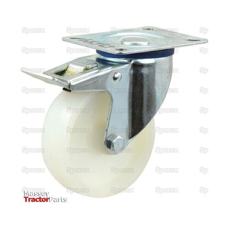 Introducing the Braked Plastic/Nylon Castor Wheel by Sparex, featuring a durable metal mounting plate and a white wheel. Ideal for furniture or equipment mobility, this caster wheel boasts an impressive 130kg capacity. The image showcases the product with "Massey Tractor Parts" text overlaid. Available under Sparex Part No.S.52589, it comes with a 100mm wheel diameter.