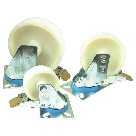 Three Braked Plastic/Nylon Castor Wheels from Sparex (Sparex Part No.S.52588), each with a white and blue swivel design and metal mounting plates, are arranged on a white background. These castor wheels have an 80mm wheel diameter and support up to 120kgs in capacity.