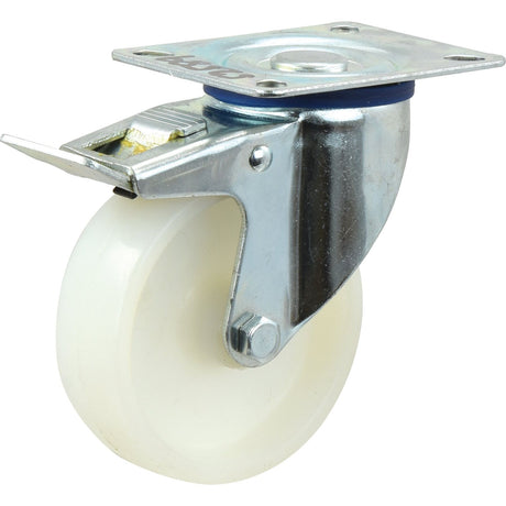 The Sparex Braked Plastic/Nylon Castor Wheel (Sparex Part No. S.52589) features a white, 100mm plastic/nylon wheel with a metal swivel mounting plate and has a capacity of 130kgs.
