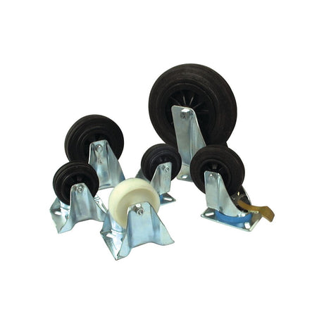 A set of five casters with black rubber wheels, featuring a Braked Rubber Castor Wheel from Sparex (Part No.S.52576, Capacity: 205kgs, Wheel Ø: 200mm), all mounted on metal brackets.