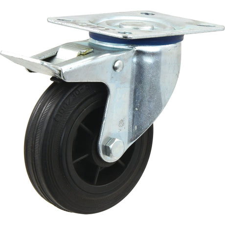The Sparex Braked Rubber Castor Wheel (Part No. S.52574) features a 100mm diameter black rubber tire, a swiveling mechanism with a metal mounting plate, and supports up to 75kg capacity.