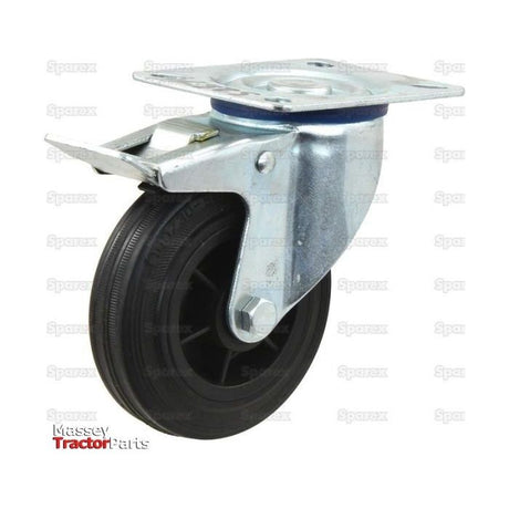 The Braked Rubber Castor Wheel by Sparex, featuring a 100mm metal swivel casing with a black rubber tire and mounting plate, supports up to 100kgs. The backdrop showcases faint repeated logos.