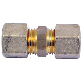 The Sparex Brass Fuel Line Fitting Ø 10mm (Part No. S.5151) features hexagonal nuts on both sides, making it ideal for connecting two sections of pipe or tubing in a 10mm brass fuel line system.