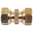 The Sparex Brass Fuel Line Fitting Ø 3/8'' (Part No. S.5155) features hexagonal nuts on each end, making it perfect for connecting two sections of 3/8 inch tubing or piping in a fuel line system.