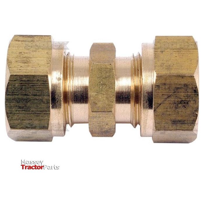 A brass fuel line fitting with hexagonal nuts on both ends and a central connection point, displayed on a white background. Text reads "Massey Tractor Parts." Suitable for Ø 3/8 inch lines and compatible with Sparex products. Product is named "Brass Fuel Line Fitting Ø 3/8'' | Sparex Part No.S.5155" by the brand Sparex.