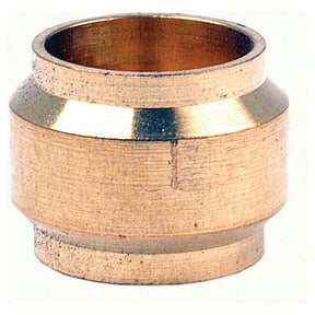 The Sparex Brass Fuel Line Olive Ø6mm (Part No.S.5138) is a cylindrical pipe coupling with a central ridge and beveled edges, ideal for securely connecting two pipes.