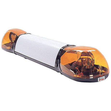 Sparex's Halogen Aerolite Bar (S.20642) is a robust, yellow emergency vehicle light bar with a durable rotating housing and an IP65 rating for superior protection. Measuring 1000mm in length and operating at 12 volts, it features amber lenses on both ends and a white panel in the center.
