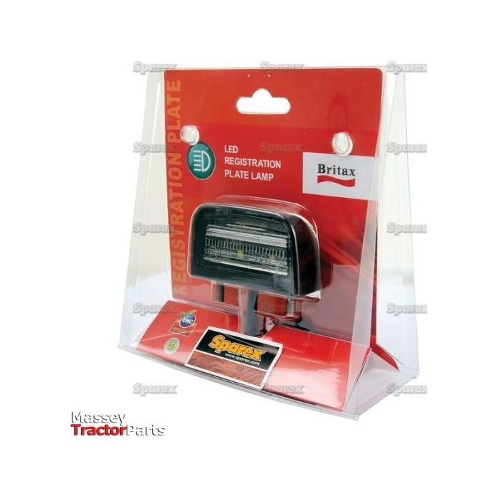 Close-up of a packaged Sparex LED Number Plate Light, 12-24V () - S.26604, showcasing its number plate illumination capabilities on a red and transparent background with product branding and logos. The lamp is IP65 rated for durability.