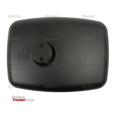 The Sparex Mirror Head - Rectangular, Convex, 314 x 225mm (RH & LH) - S.56846 is displayed against a white background with the "Massey Tractor Parts" logo in the bottom left corner. The black mirror features a circular mount at the back and is suitable for models including Case MX and CX.