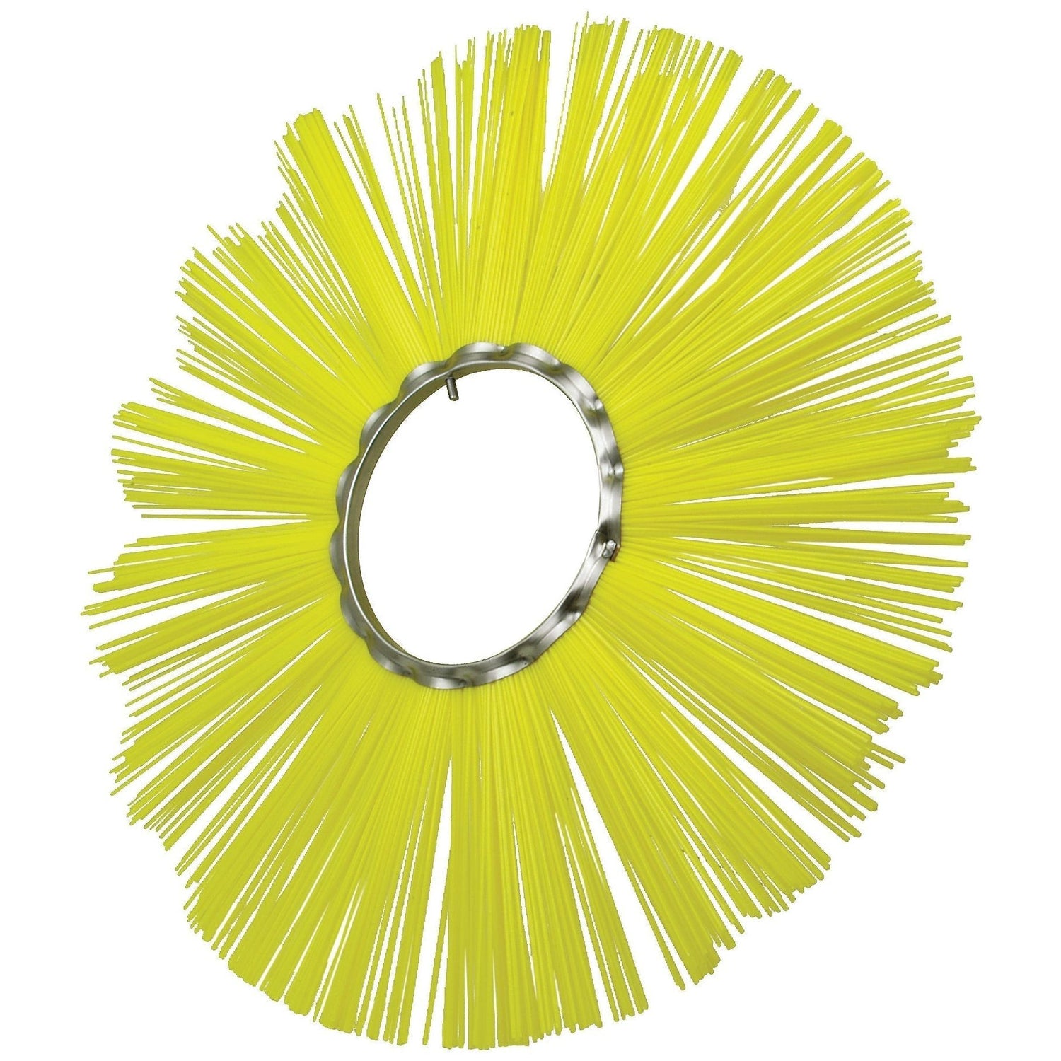 The Sparex Brush Section - 686mm x 178mm Flat (Part No. S.59779) features a circular yellow design with long, thin bristles radiating outward from a central metal ring, constructed with Poly for added durability and efficiency.